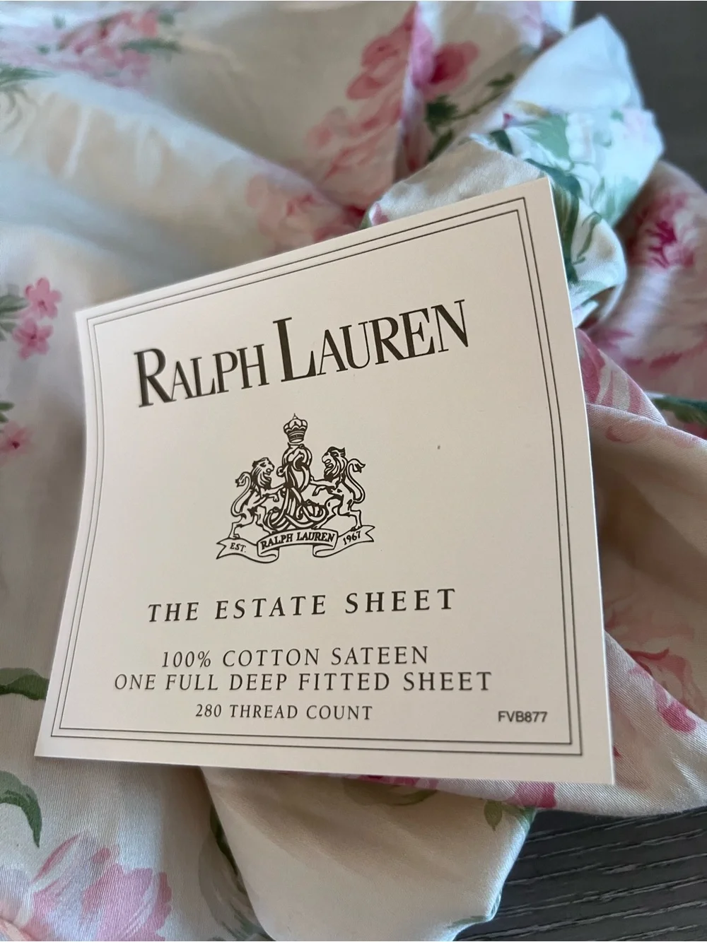Ralph Lauren Cream Fitted Sheet with Pink Floral and Green Leaves